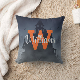 Custom Monogram Haunted House Halloween Decor Cushion