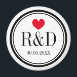Custom monogram heart wedding party favour magnet<br><div class="desc">Custom monogram heart wedding party favour magnet. Round shape with red heart and personalised monogram name initial letters.  Cute personalised thank you token giveaway for guests. Includes date of marriage. Also great as save the date reminder.</div>