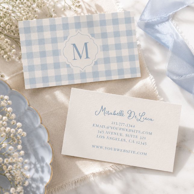 Custom Monogram Heirloom Coquette Blue Gingham Business Card (Blue gingham personalized business card with custom monogram on the front and contact information)