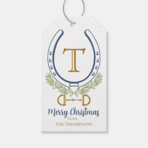 Custom Monogram Holiday Blue Horse Shoe Gift Tags