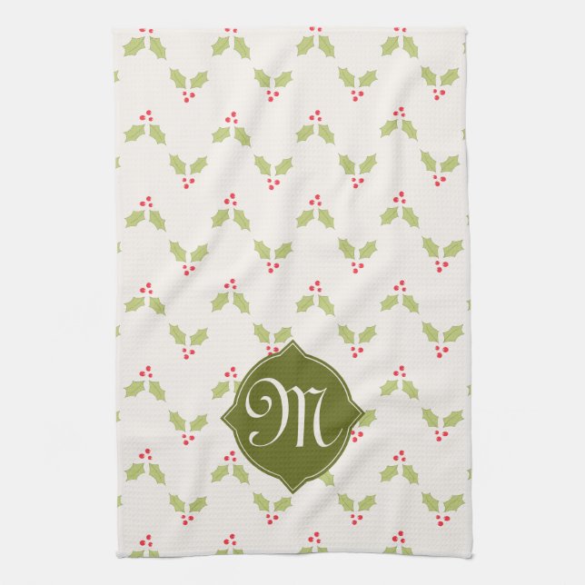 Custom Monogram Holly Christmas Kitchen Towel (Vertical)