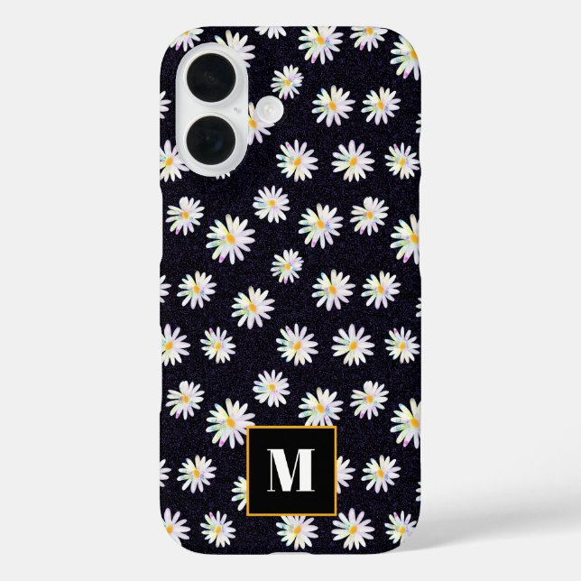 Custom Monogram Holographic Glitter Daisy Flowers  Case-Mate iPhone Case (Back)