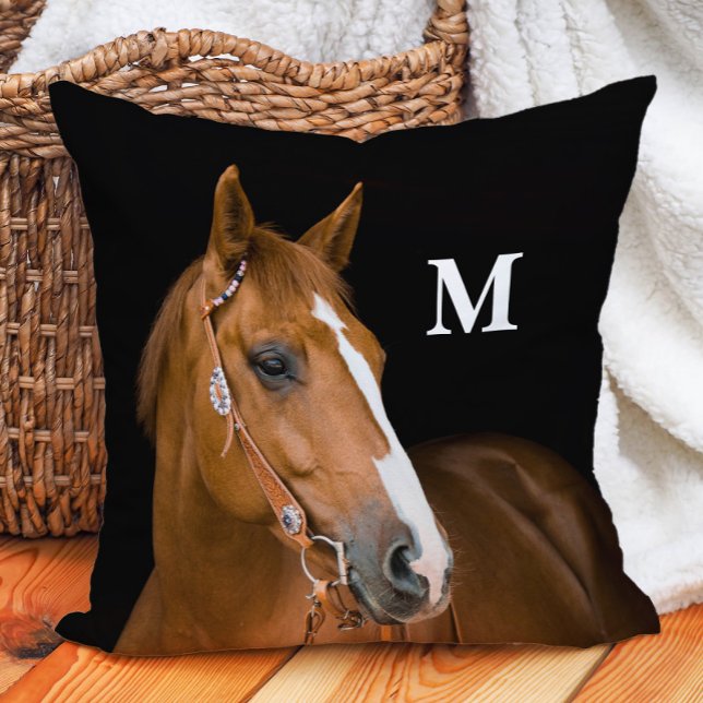 Custom Monogram Horse Photo Cushion (Monogram Quarter-horse pillow)