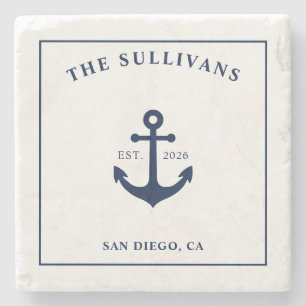 Custom Monogram Housewarming Nautical Anchor Stone Coaster