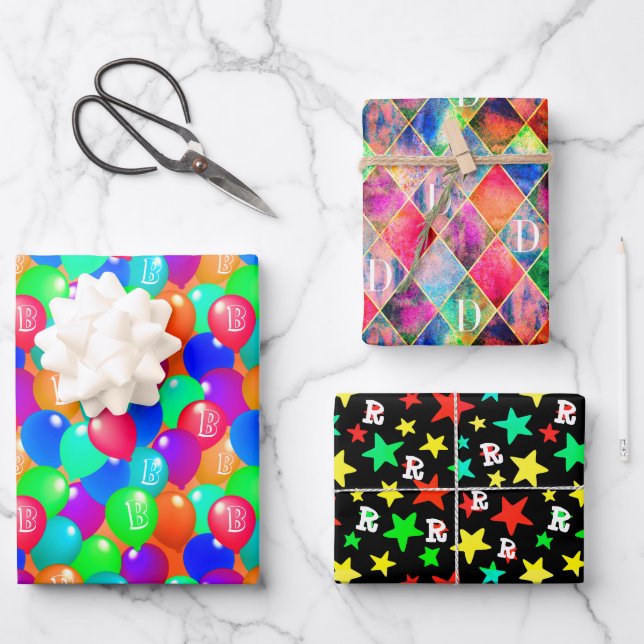 Custom monogram initial colourful modern elegant wrapping paper sheet (Front)