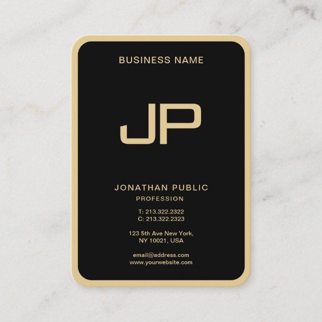 Custom Monogram Initial Elegant Black And Gold Business Card (Front)