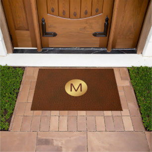 Custom Monogram Initial Faux Brown Leather & Gold Doormat