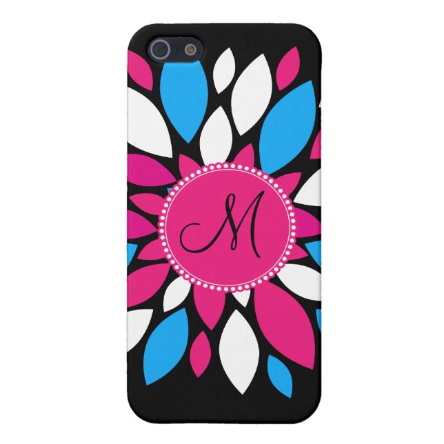 Custom Monogram Initial Hot Pink Teal Blue Flower iPhone Case (Back)