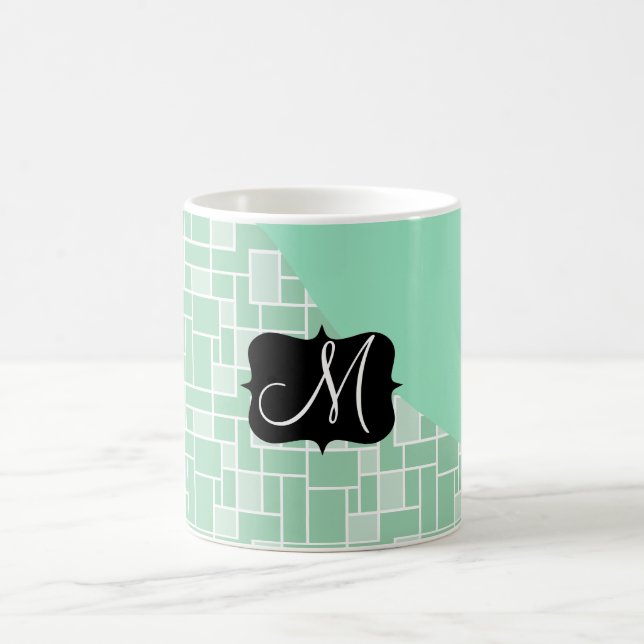 Custom Monogram Initial Mint Green Tile Pattern Coffee Mug (Center)
