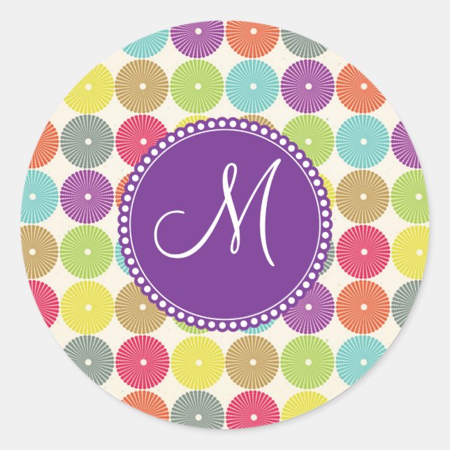 Custom Monogram Initial Multi Coloured Circles Classic Round Sticker (Front)