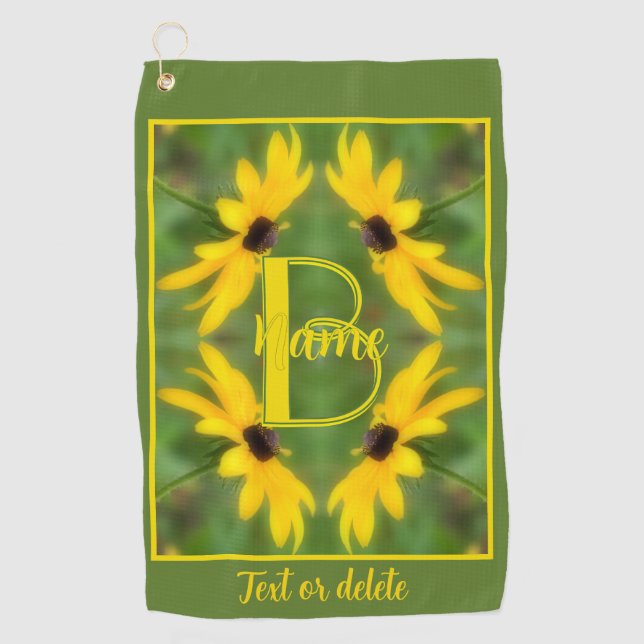 Custom Monogram Initial Name Black Eyed Susan Art Golf Towel (Front)