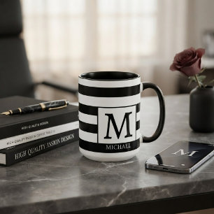 Custom Monogram Initial Name Black White Stripes Mug