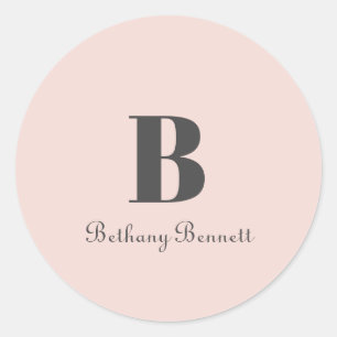 Custom Monogram Initial Name Blush Grey Classic Round Sticker