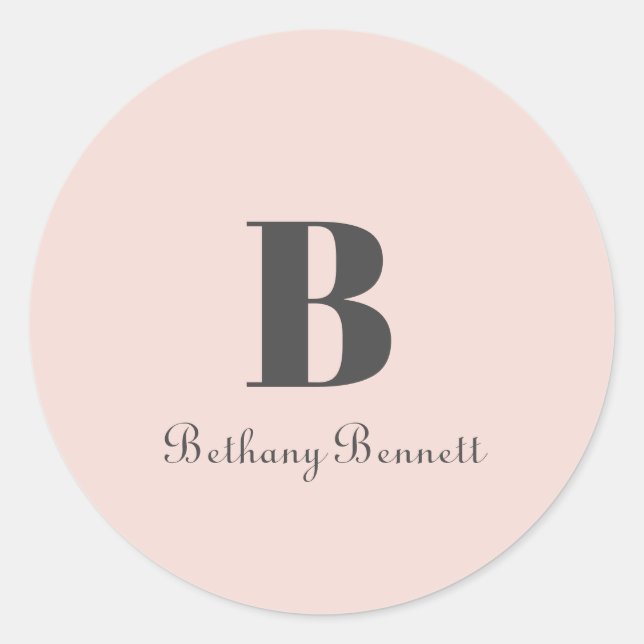 Custom Monogram Initial Name Blush Grey Classic Round Sticker (Front)