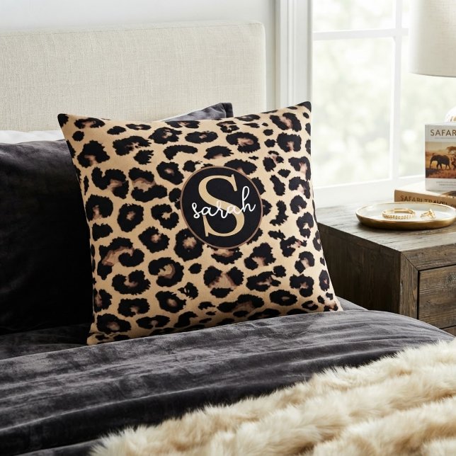 Custom Monogram Initial & Name Chic Leopard Print  Decorative Cushion (Creator Uploaded)