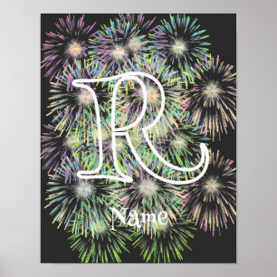 Custom Monogram Initial Name Colourful Fireworks Poster