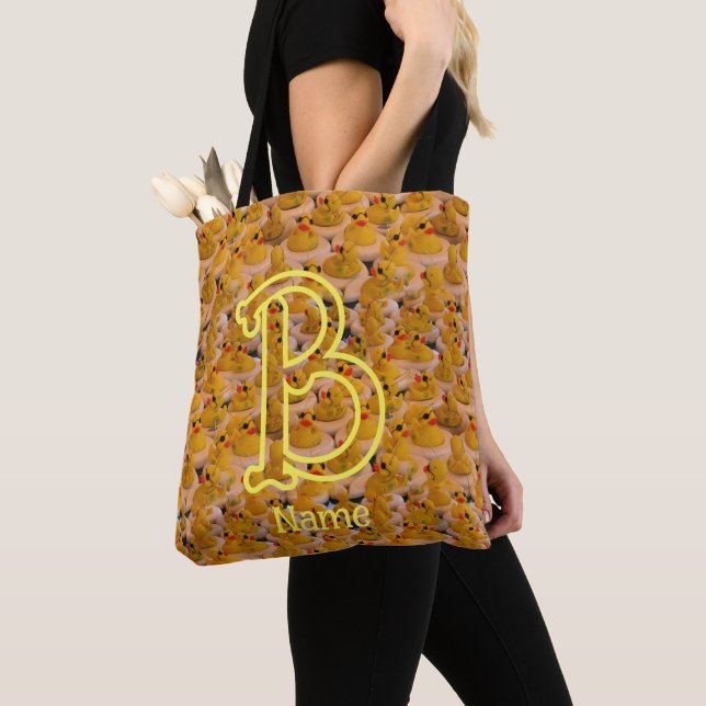 Custom Monogram Initial Name Cute Rubber Ducks Tote Bag (Close Up)