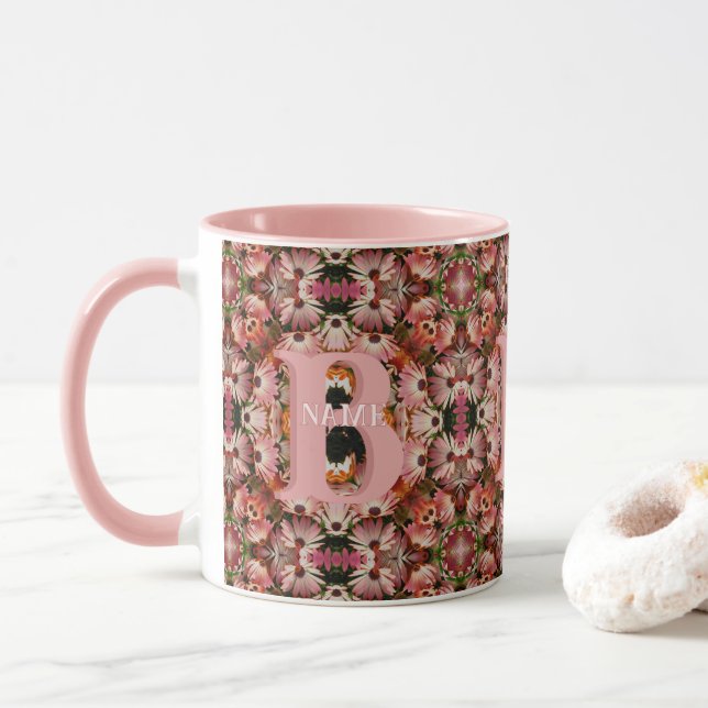 Custom Monogram Initial Name Daisy Floral Art Mug (With Donut)