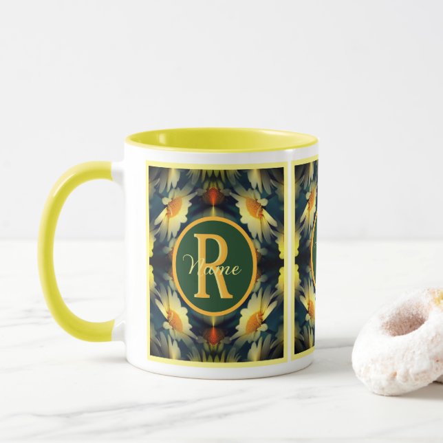 Custom Monogram Initial Name Daisy Floral Art Mug (With Donut)