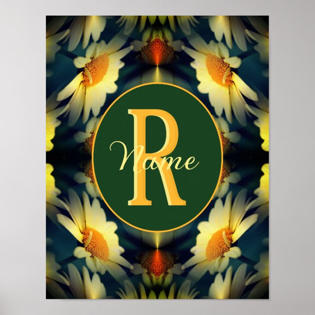 Custom Monogram Initial Name Daisy Floral Art Poster (Front)
