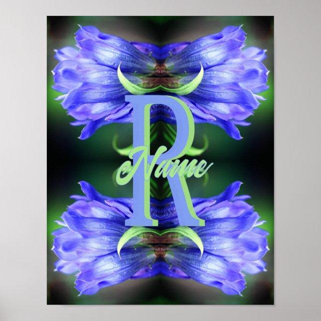 Custom Monogram Initial Name Gentian Floral Art Poster (Front)