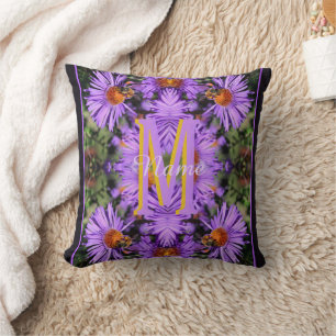 Custom Monogram Initial Name Honeybee Aster Art Cushion