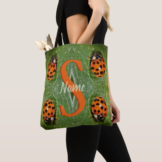 Custom Monogram Initial Name Ladybug Art Tote Bag (Close Up)