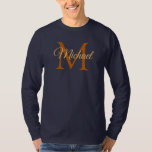 Custom Monogram Initial Name Men's Navy Blue T-Shirt<br><div class="desc">Customise Monogram Initial Letter Name Men's Template Elegant Trendy Navy Blue Basic Long Sleeve T-Shirt.</div>