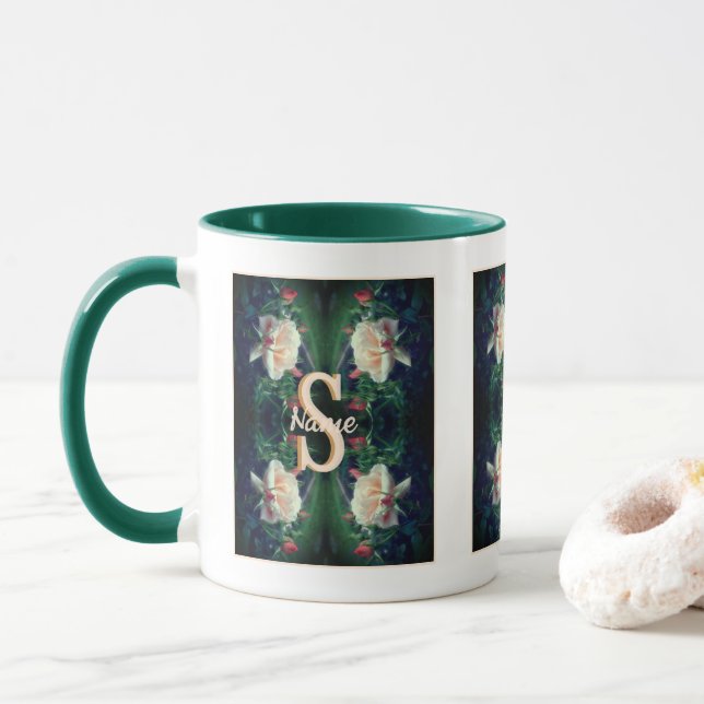 Custom Monogram Initial Name Peach Rose Mug (With Donut)