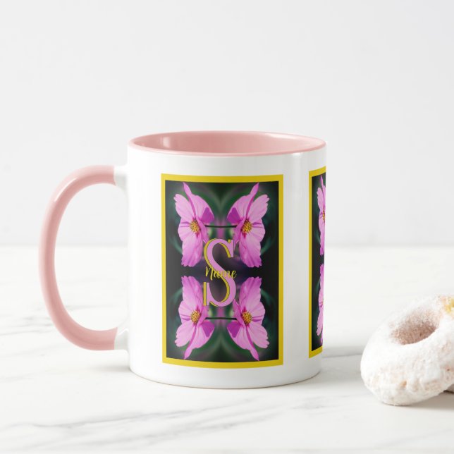 Custom Monogram Initial Name Pink Cosmos Mug (With Donut)