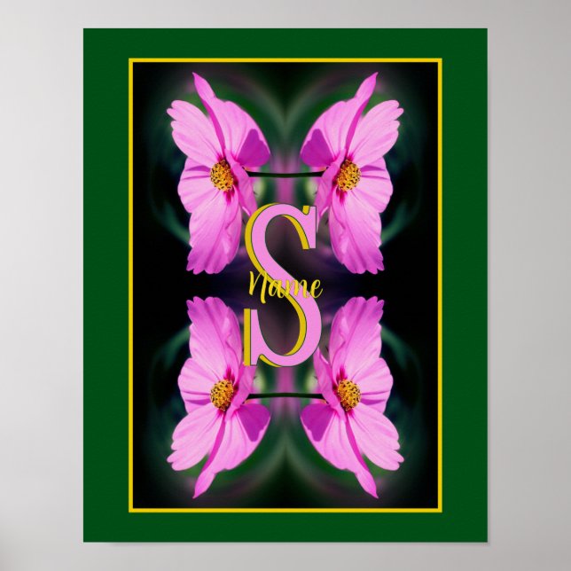 Custom Monogram Initial Name Pink Cosmos Poster (Front)