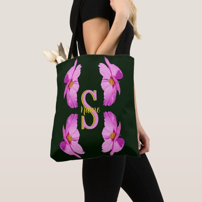 Custom Monogram Initial Name Pink Cosmos Tote Bag (Close Up)