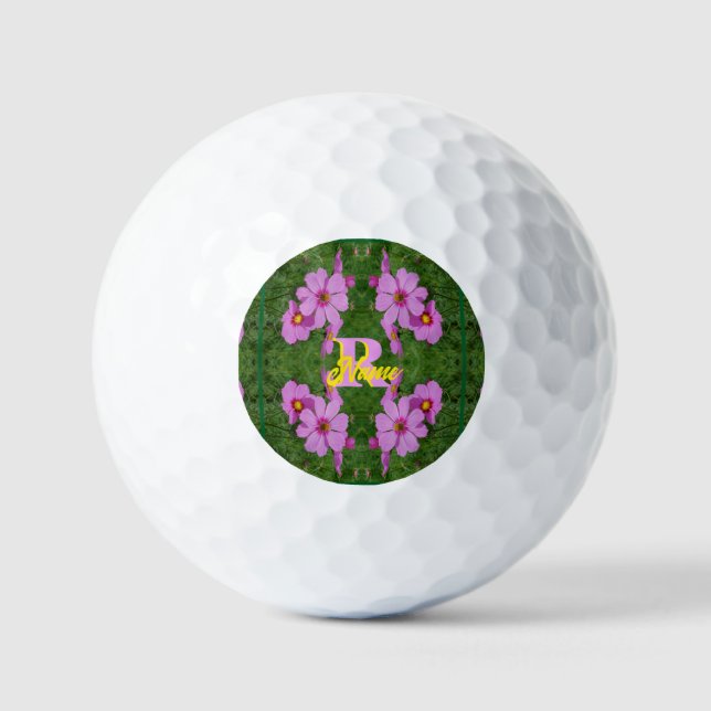 Custom Monogram Initial Name Pink Daisy Art Golf Balls (Front)