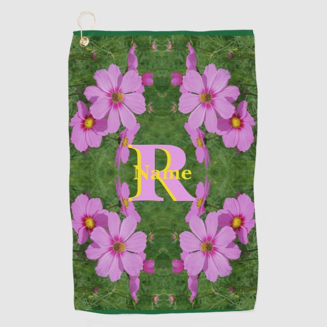 Custom Monogram Initial Name Pink Daisy Art Golf Towel (Front)