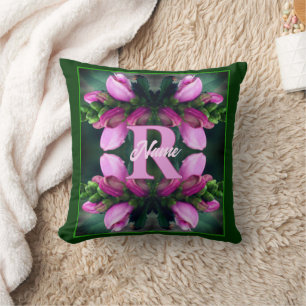 Custom Monogram Initial Name Pink Flower Art Cushion