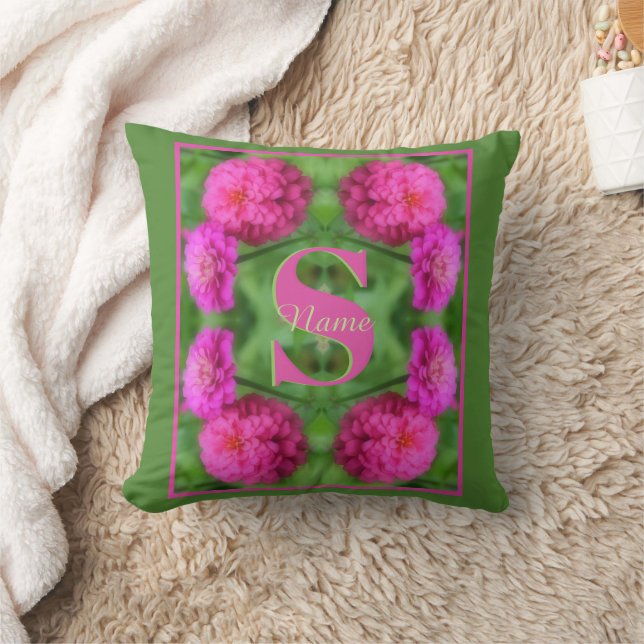 Custom Monogram Initial Name Pink Zinnias Cushion (Blanket)