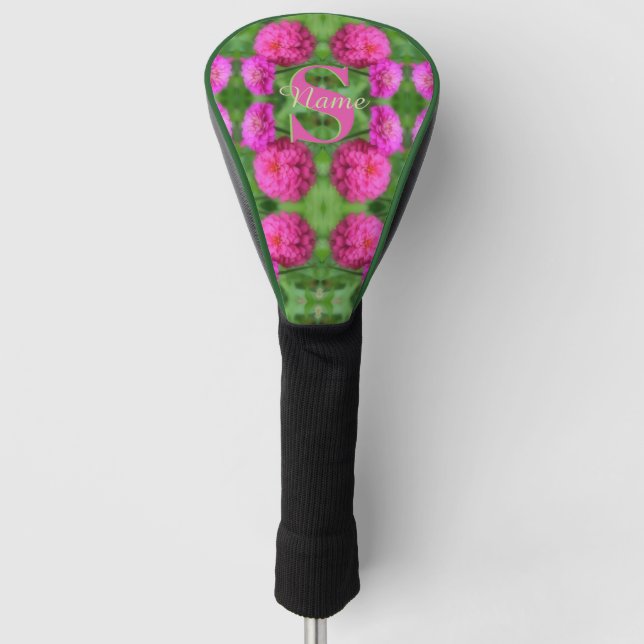 Custom Monogram Initial Name Pink Zinnias Golf Head Cover (Front)