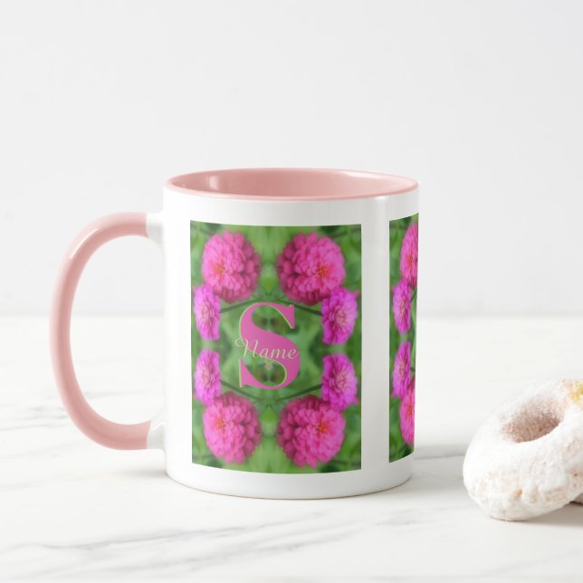 Custom Monogram Initial Name Pink Zinnias Mug (With Donut)