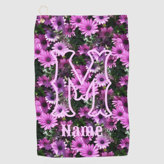 Custom Monogram Initial Name Purple Daisies Golf Towel (Front)