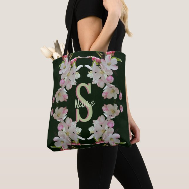 Custom Monogram Initial Name Spring Blossoms Art Tote Bag (Close Up)