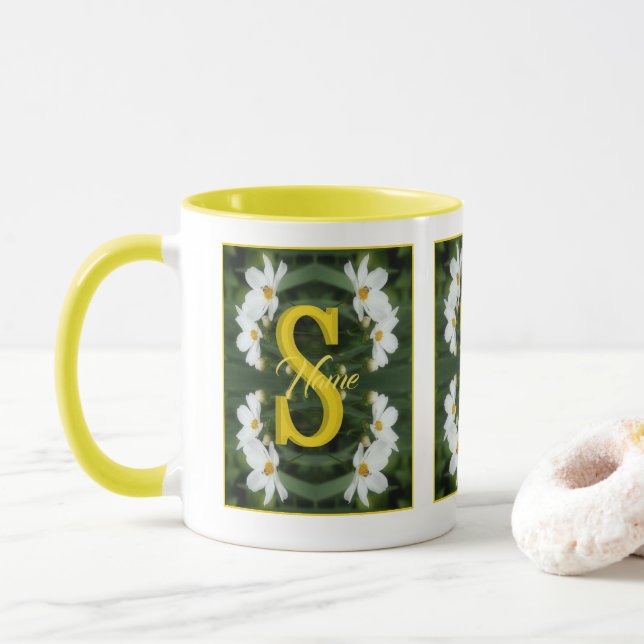 Custom Monogram Initial Name White Daisy Art Mug (With Donut)