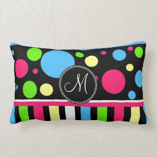Custom Monogram Initial Neon Stripes Polka Dots Lumbar Cushion
