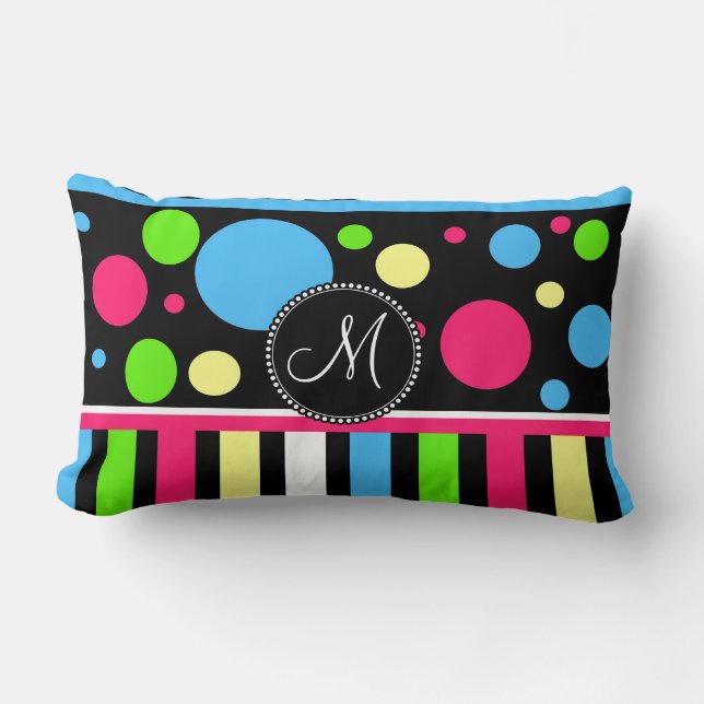 Custom Monogram Initial Neon Stripes Polka Dots Lumbar Cushion (Front)