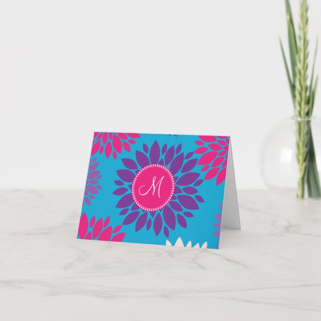 Custom Monogram Initial Pink Purple Flower on Blue Note Card (Front)