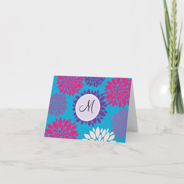 Custom Monogram Initial Pink Purple Flower on Teal Note Card (Front)