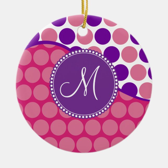 Custom Monogram Initial Pink Purple Polka Dots Ceramic Ornament (Front)