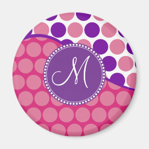 Custom Monogram Initial Pink Purple Polka Dots Magnet