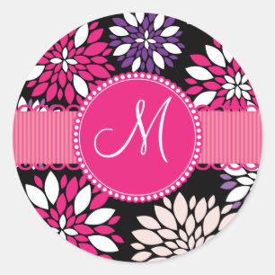 Custom Monogram Initial Purple Pink Flower Art Classic Round Sticker
