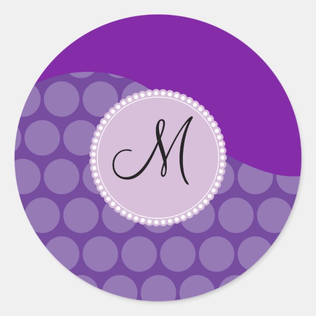 Custom Monogram Initial Purple Polka Dot Wave Classic Round Sticker (Front)