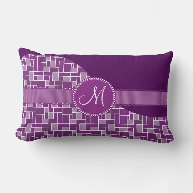 Custom Monogram Initial Purple Tile Wave Pattern Lumbar Cushion (Front)